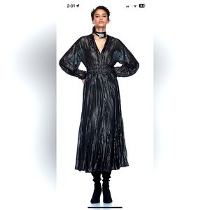 Zara Black Metallic Thread Special Event Maxi Long Sleeve Flowy Dress